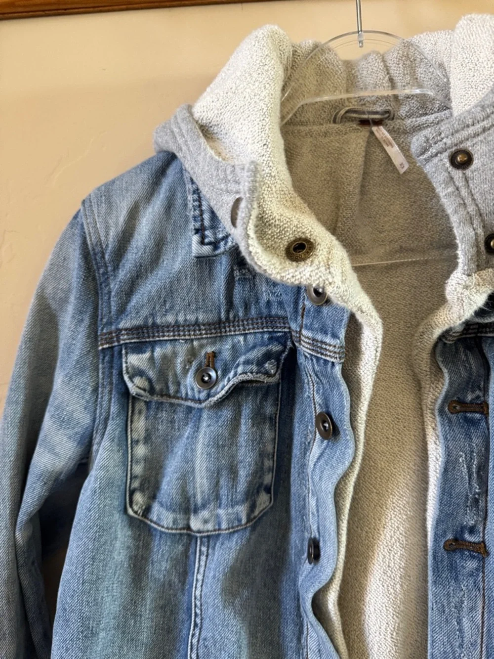 Free People Light Blue Distressed Denim Jacket with Heather Gray Hoodie - Picture 6 of 14